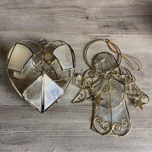 Vintage Set Of‎ Two Capiz Shell Angel and Heart Christmas Ornaments